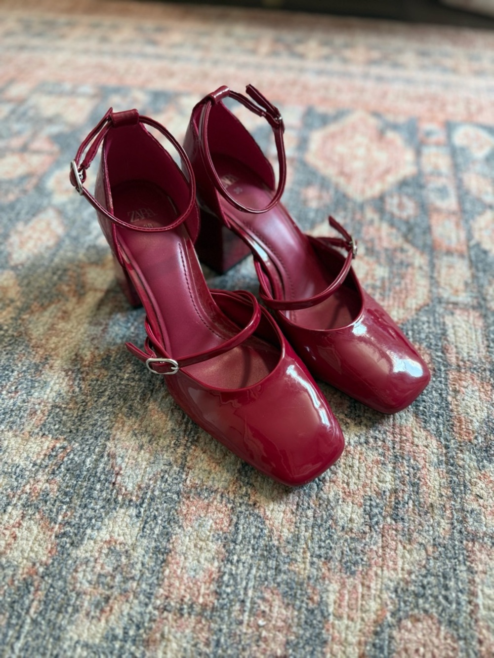 Zara Burgundy Patent Square-Toe Block Heel Mary Janes